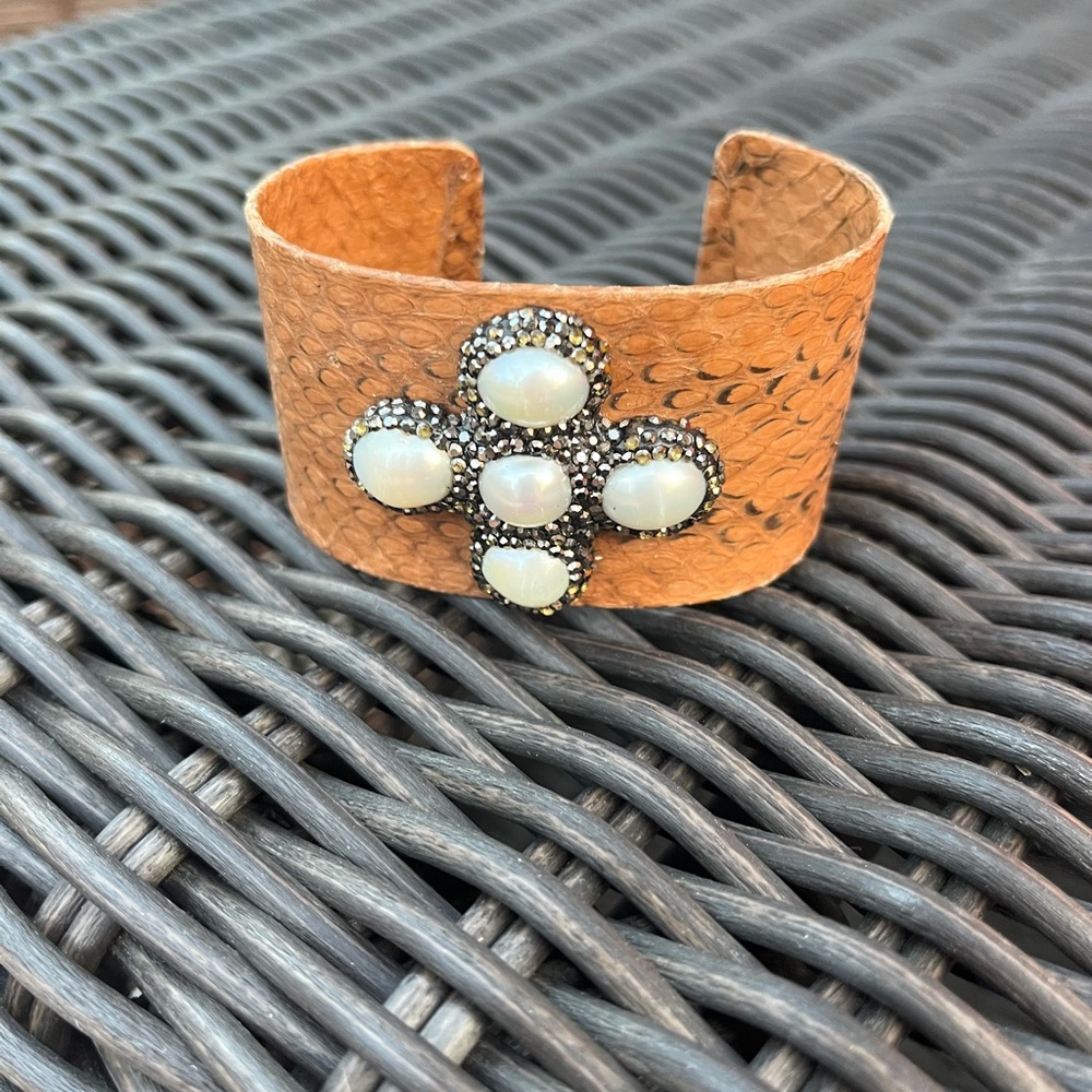 Brown and White Pearl Cuff Bracelet